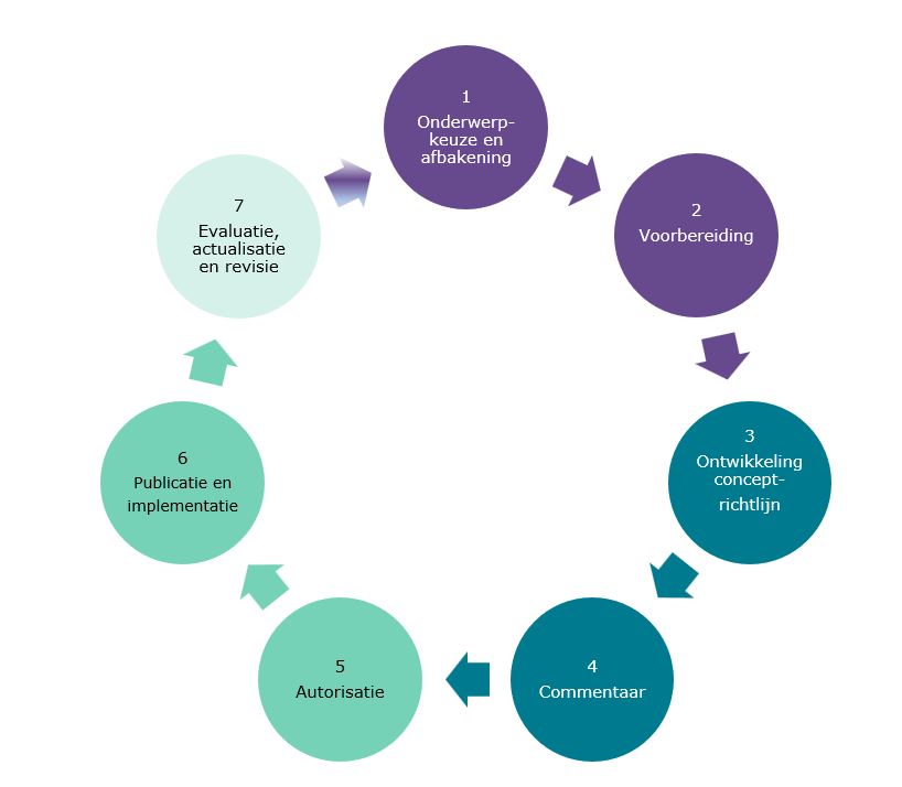 Stappen: Onderwerpkeuze en afbakening, Voorbereiding, Ontwikkeling conceptrichtlijn, Commentaar, Autorisatie, Publicatie en implementatie, Evaluatie, actualisatie en revisie 